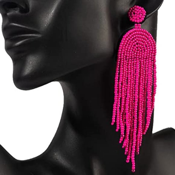 Long 4.5" Hot Pink Modern Art Deco Oversized Bohemian Earrings New Tassel Fringe - Picture 2 of 6